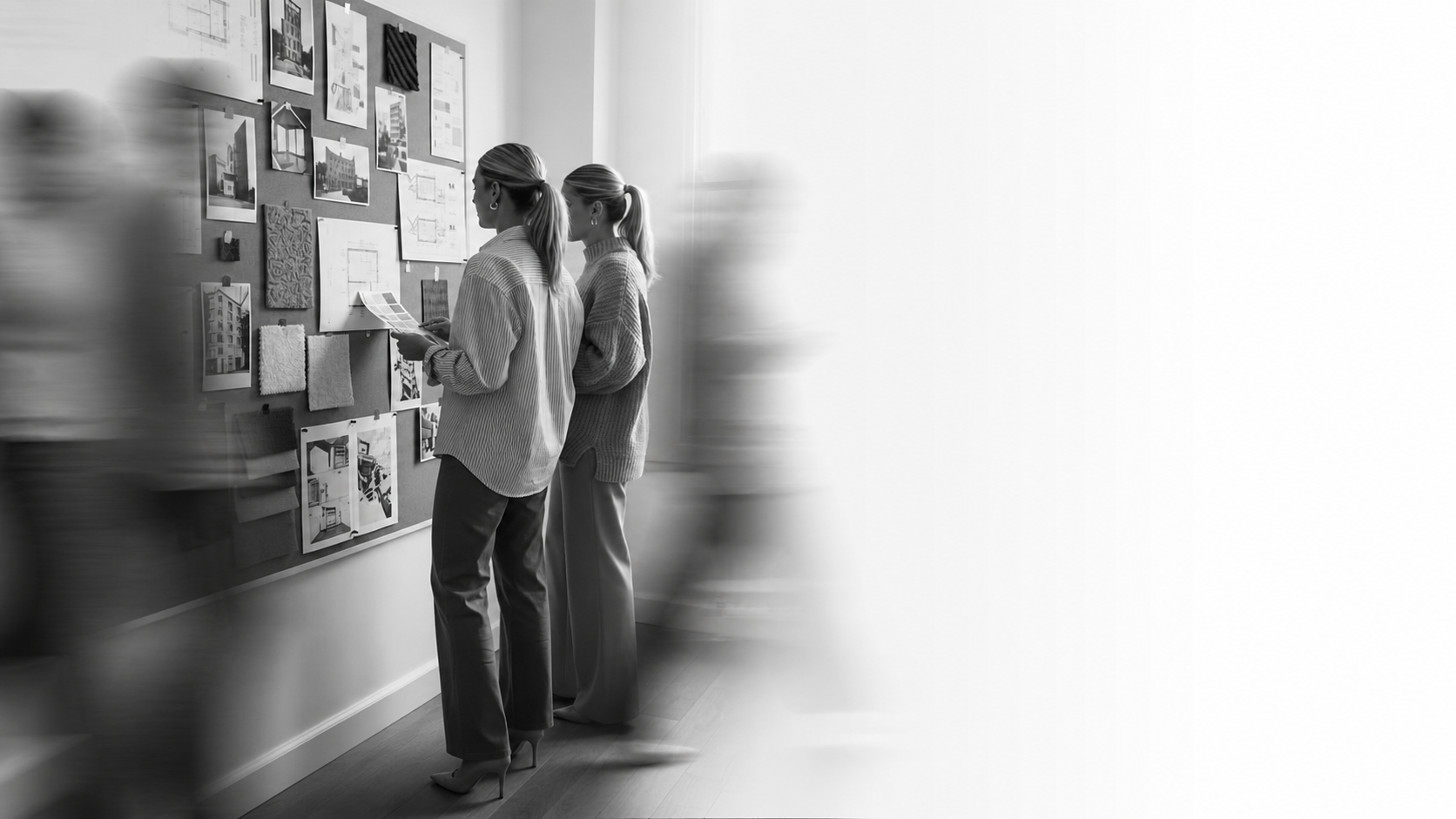 Two designers at a moodboard, B&W documentary photograph